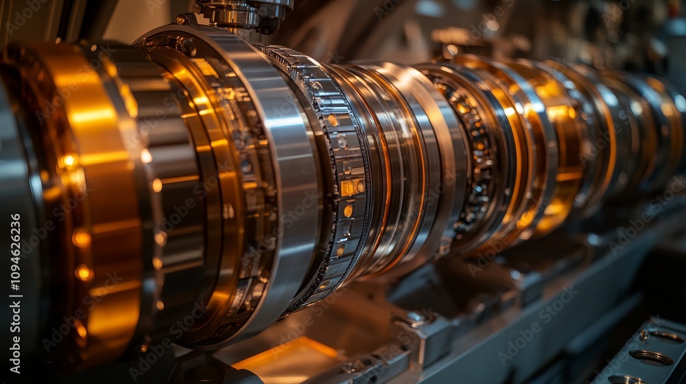 Obraz premium Close-up of a complex metallic gear system within a machine
