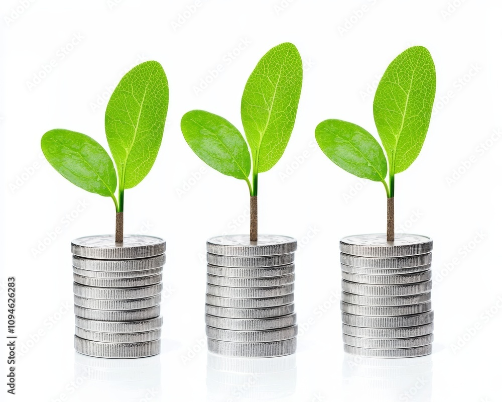A stylized image of coins stacked with green sprouts, symbolizing financial growth, investment, and sustainability. A stylized image of coins stacked with green sprouts, symbolizing financial growth, investment, and sustainability.