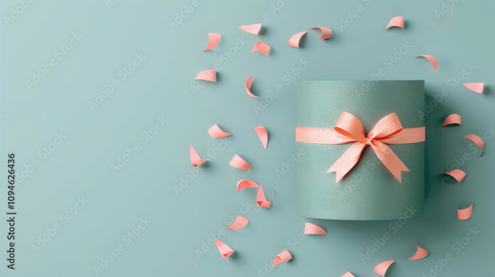 Charming Blue Gift Box with Soft Pink Ribbon Surrounded by Delicate Rose Petals on a Fresh Turquoise Background Charming Blue Gift Box with Soft Pink Ribbon Surrounded by Delicate Rose Petals on a Fresh Turquoise Background