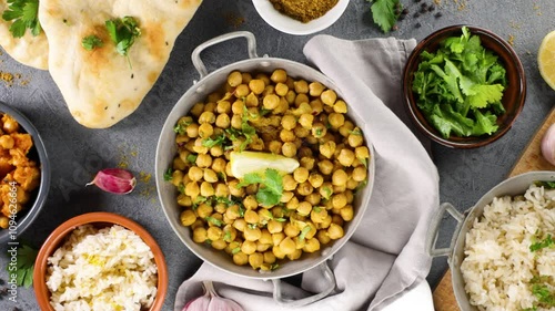 indian food selection, dhal, chickpea curry meal, naan bread, basmati rice