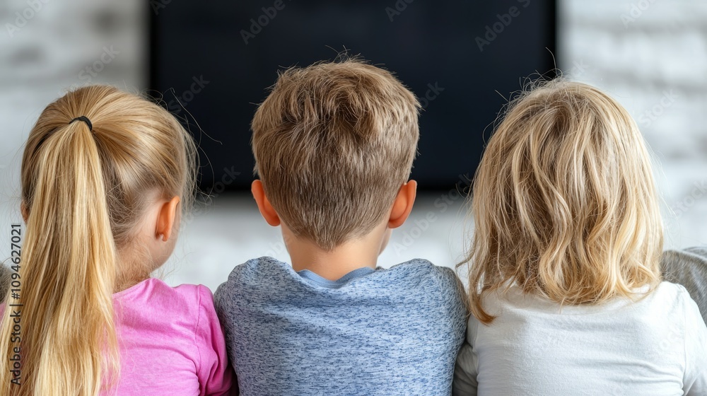 Three children sit together, watching a screen, with their backs to the camera, highlighting their curiosity and engagement. Three children sit together, watching a screen, with their backs to the camera, highlighting their curiosity and engagement.