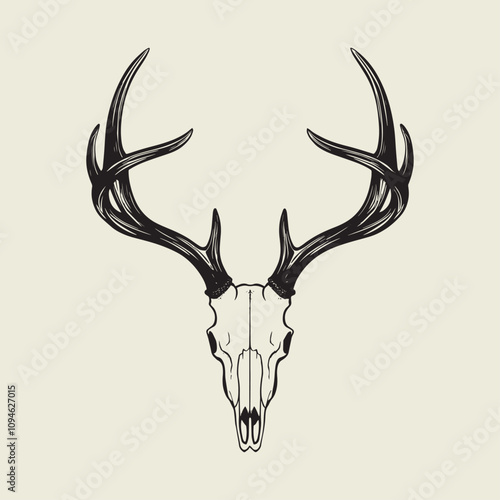 A drawing of a deer with antlers. Deer Silhouette with a beige background.