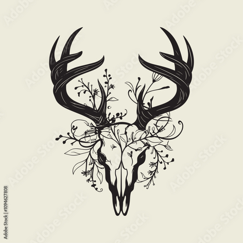 A drawing of a deer with antlers. Deer Silhouette with a beige background.