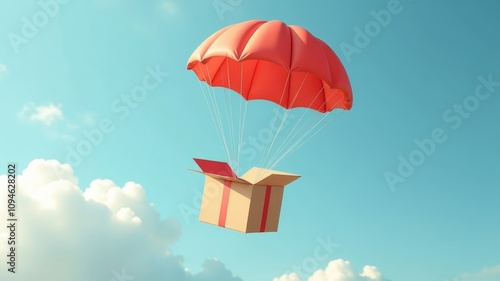 a box with a cardboard parcel descends on a red parachute against a blue sky