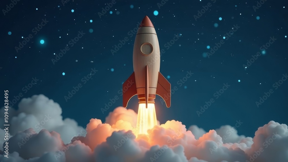 A wooden rocket ship poised for launch on starry backdrop A wooden rocket ship poised for launch on starry backdrop