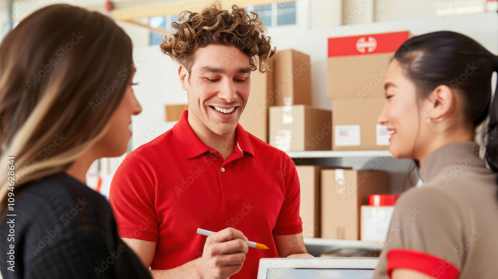 Young Man in Red Shirt Assisting Two Women with Tablet in Modern Warehouse Environment Filled with Boxes and Packaging Supplies Young Man in Red Shirt Assisting Two Women with Tablet in Modern Warehouse Environment Filled with Boxes and Packaging Supplies