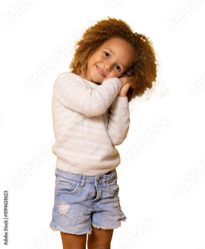 Beautiful little child girl sleep gesture posing with hands together smiling with looking at camera isolated over transparent background. PNG transparent.