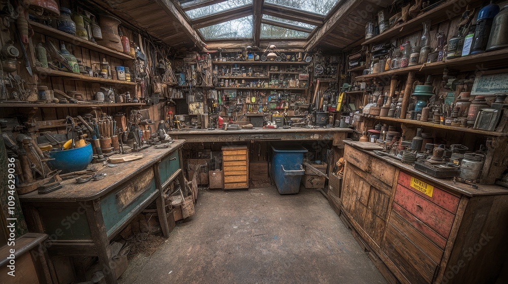 A cluttered workshop filled with tools, antiques, and knick-knacks A cluttered workshop filled with tools, antiques, and knick-knacks