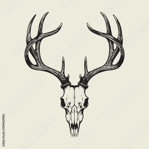 A drawing of a deer with antlers. Deer Silhouette with a beige background.