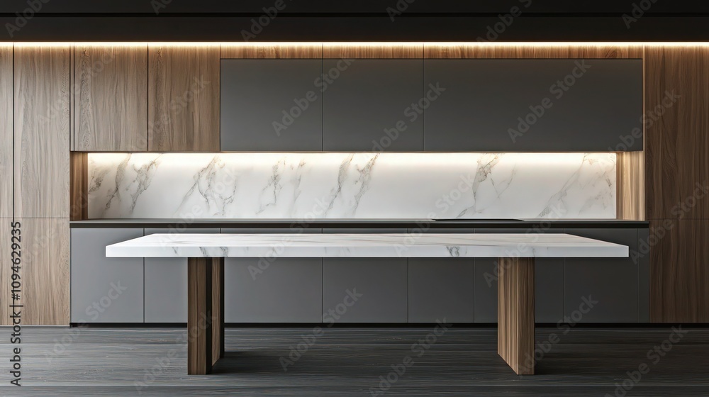 An elegant, minimalist kitchen with a white marble table, muted grey cabinetry, and dark wood accents. The wooden elements include a floor-to-ceiling panel on one wall and matching baseboards. An elegant, minimalist kitchen with a white marble table, muted grey cabinetry, and dark wood accents. The wooden elements include a floor-to-ceiling panel on one wall and matching baseboards.