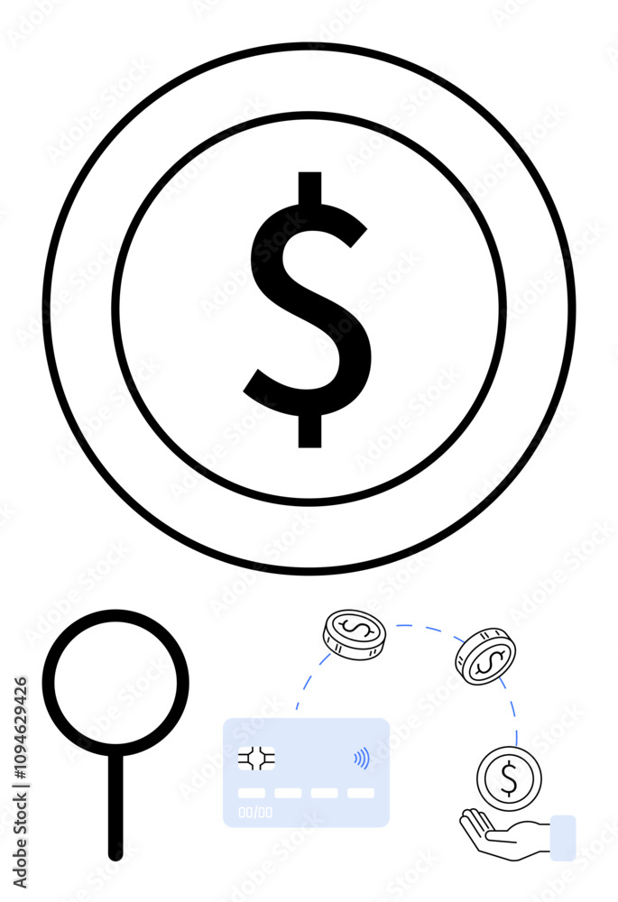 Dollar sign inside a circle, a magnifying glass, a contactless payment card transferring money to a hand. Ideal for banking, finance, payments, transactions, money management, online shopping Dollar sign inside a circle, a magnifying glass, a contactless payment card transferring money to a hand. Ideal for banking, finance, payments, transactions, money management, online shopping