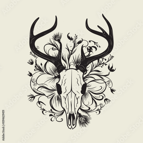 A drawing of a deer with antlers. Deer Silhouette with a beige background.