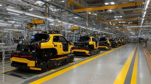 Automotive Assembly Line with Cars in Various Stages of Production