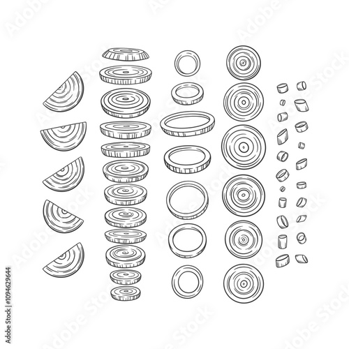Chopped onion. Onion round slices and onion rings.  Vector sketch onion cuts.