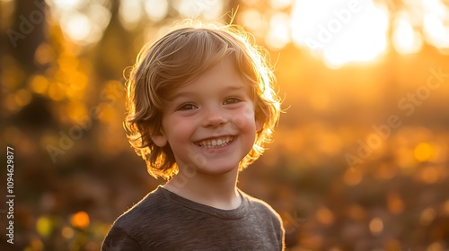 Golden Hour Smiles: Boy Posing in Autumn Woods. AI Generated