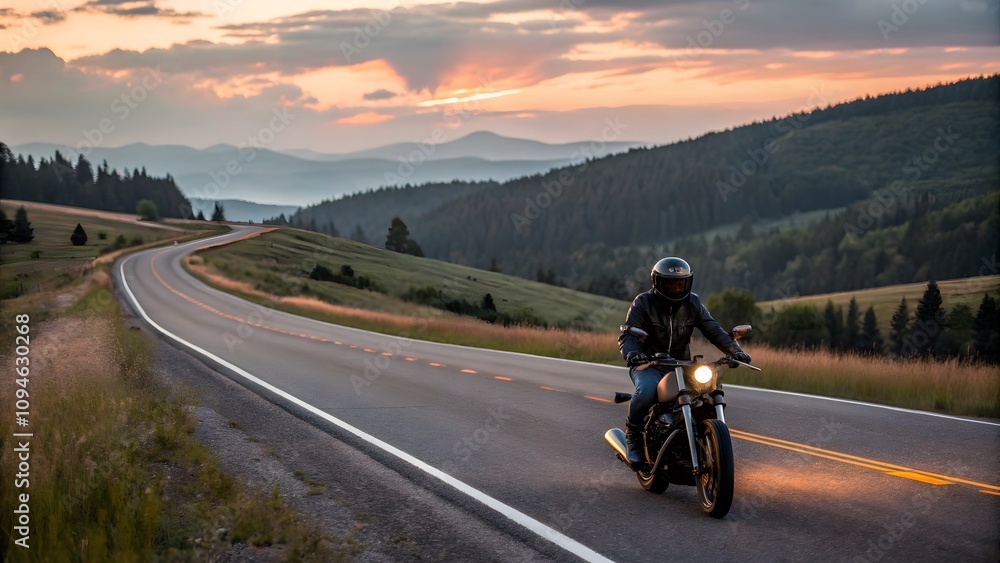 Motorcycle Adventure Journey on Mountain Road at Sunset Creating Dynamic Travel Scene with Scenic Natural Landscape Motorcycle Adventure Journey on Mountain Road at Sunset Creating Dynamic Travel Scene with Scenic Natural Landscape