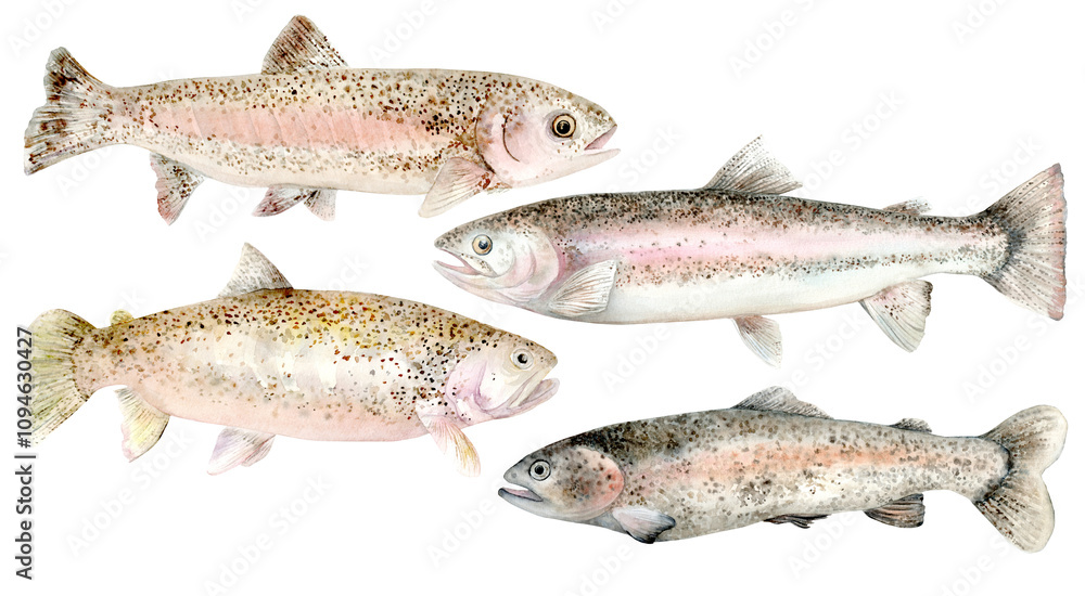 A set of isolated images of Rainbow Trout. Watercolor illustration, hand drawn. Design element for packaging, label, book, menu, canned fish. A set of isolated images of Rainbow Trout. Watercolor illustration, hand drawn. Design element for packaging, label, book, menu, canned fish.