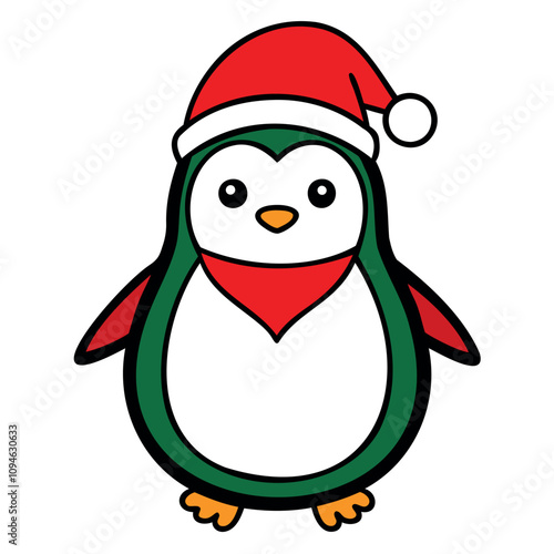 A cute Christmas penguin wearing a Santa Claus hat and scarf vector outline or Silhouette isolated on a white background