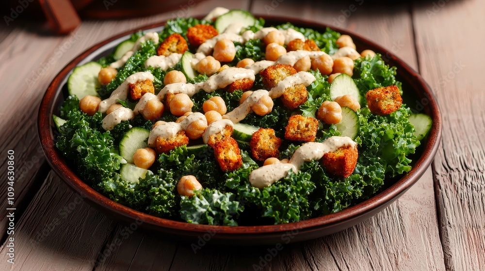 Healthy kale salad with chickpeas and creamy dressing rustic kitchen table food photography bright natural light plant-based eating Healthy kale salad with chickpeas and creamy dressing rustic kitchen table food photography bright natural light plant-based eating