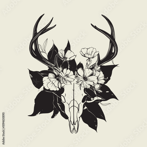 A drawing of a deer with antlers. Deer Silhouette with a beige background.