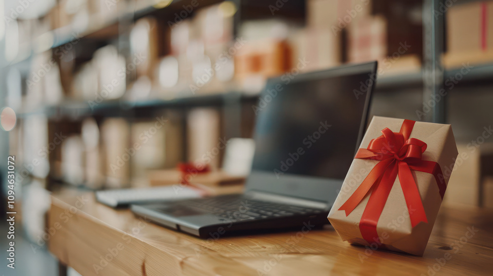 Cozy Workspace with a Laptop and a Gift Box on a Wooden Table Surrounded by Shelves, Perfect for Celebrating Special Occasions and Holiday Preparations Cozy Workspace with a Laptop and a Gift Box on a Wooden Table Surrounded by Shelves, Perfect for Celebrating Special Occasions and Holiday Preparations