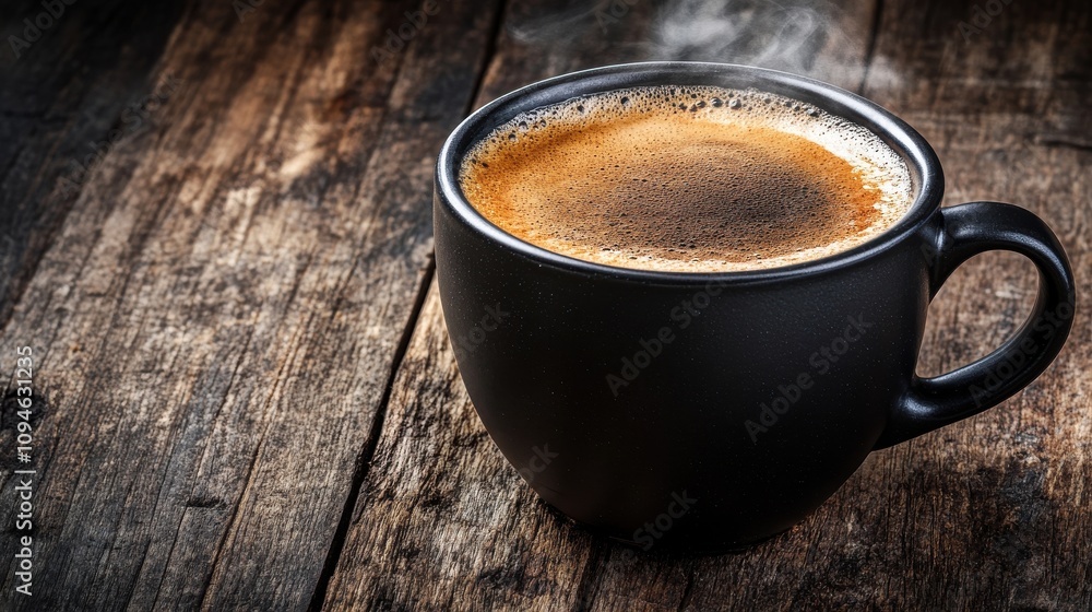 A black cup filled with hot, freshly brewed coffee rests on a rustic wooden table. Steam rises gracefully, creating an inviting and warm atmosphere perfect for relaxation. A black cup filled with hot, freshly brewed coffee rests on a rustic wooden table. Steam rises gracefully, creating an inviting and warm atmosphere perfect for relaxation.