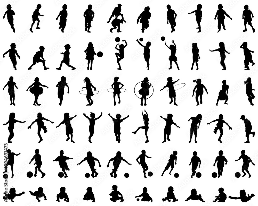 Black silhouettes of children playing, illustration on a white background Black silhouettes of children playing, illustration on a white background