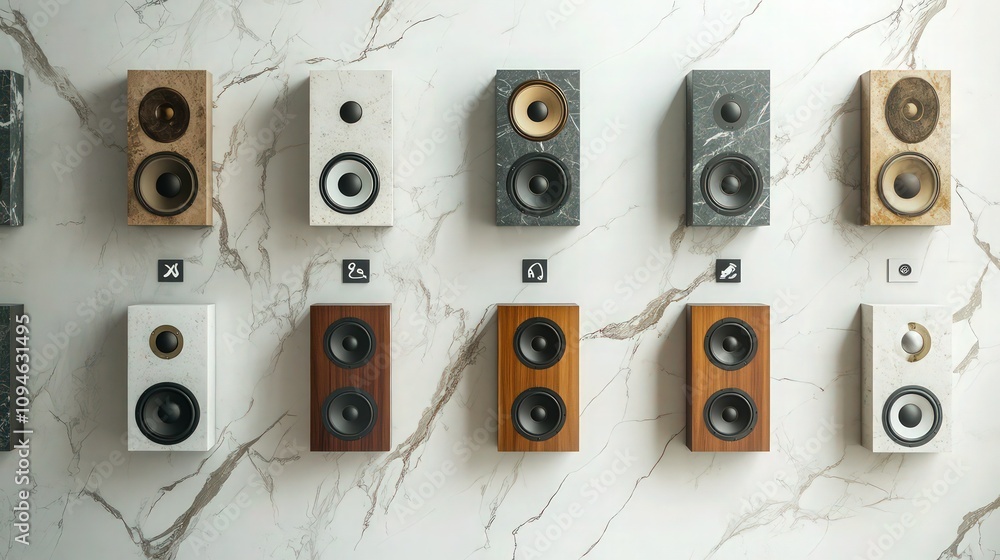 Obraz premium A contemporary living room wall featuring built-in architectural speakers in an artistic layout, with 10 speakers spread across a white marble background. 
