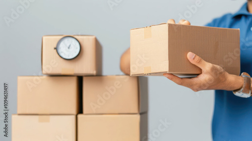 Time Management and Organization: A Person Handling a Cardboard Box Next to a Stack of Similar Boxes and a Clock, Representing Timely Deliveries and Efficient Logistics