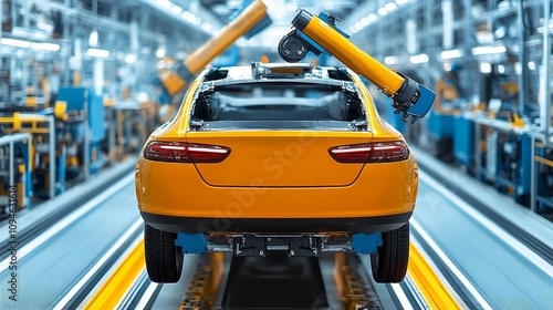 Robotic Arm Assembling a Yellow Car on an Automated Production Line