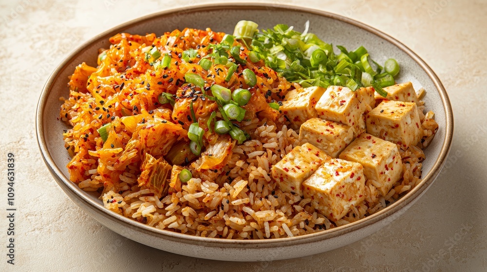 Delicious vegetarian stir-fry with tofu and brown rice home kitchen culinary arts cozy setting healthy lifestyle Delicious vegetarian stir-fry with tofu and brown rice home kitchen culinary arts cozy setting healthy lifestyle