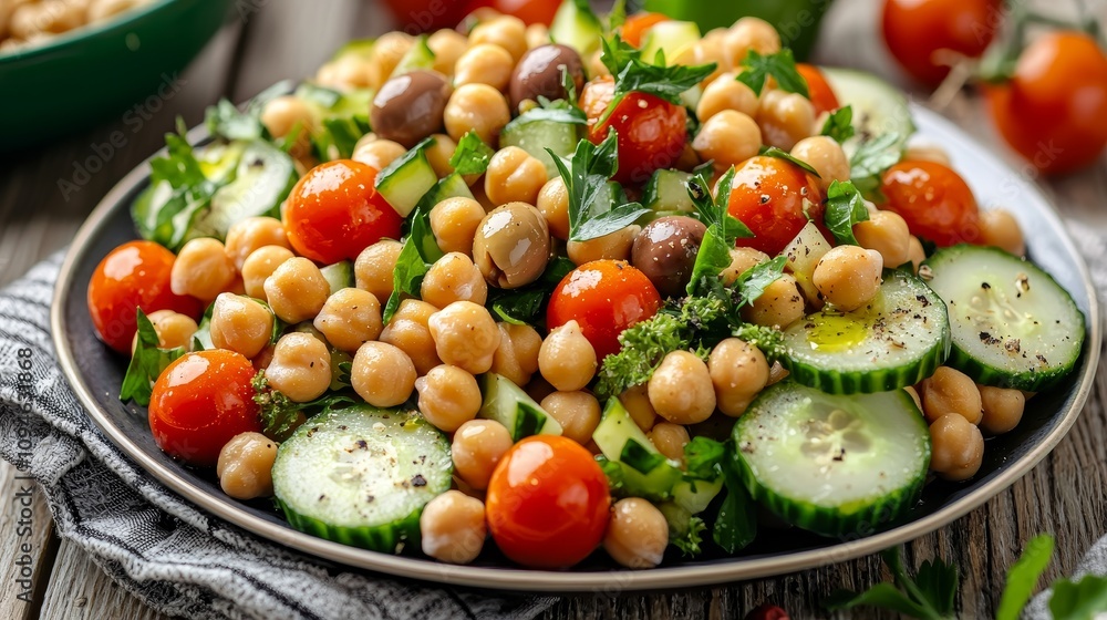 Healthy chickpea salad recipe kitchen food photography rustic setting close-up fresh ingredients for nutrition Healthy chickpea salad recipe kitchen food photography rustic setting close-up fresh ingredients for nutrition