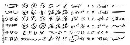 English test exam pen mark. School teacher test. A B C D Doodle outline hand drawn style