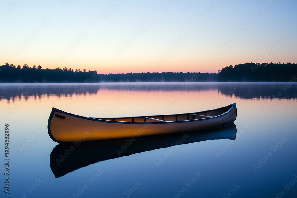 Canoe drifting gently at sunrise across the calm, tranquil lake waters. Generative AI Canoe drifting gently at sunrise across the calm, tranquil lake waters. Generative AI