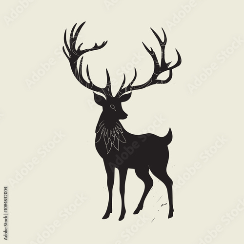 A drawing of a deer with antlers. Deer Silhouette with a beige background.