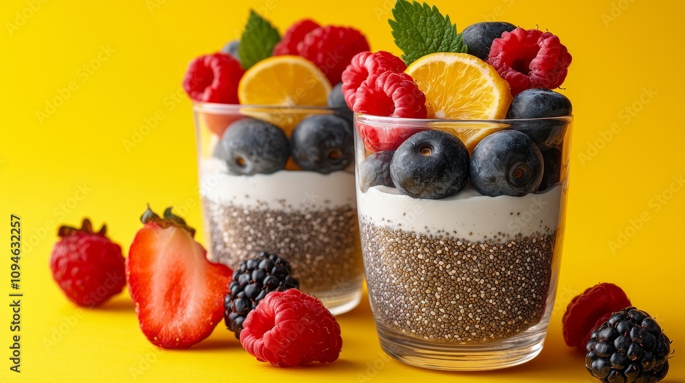 Healthy berry parfait recipe kitchen food photography bright yellow background close-up nutrition concept Healthy berry parfait recipe kitchen food photography bright yellow background close-up nutrition concept