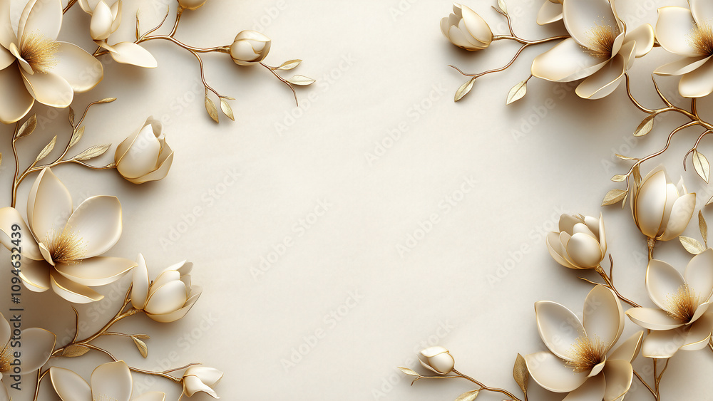 3D beige background with white magnolia flowers and golden branches along the edges, empty space in the center for text, an elegant and luxurious wallpaper design. 3D beige background with white magnolia flowers and golden branches along the edges, empty space in the center for text, an elegant and luxurious wallpaper design.