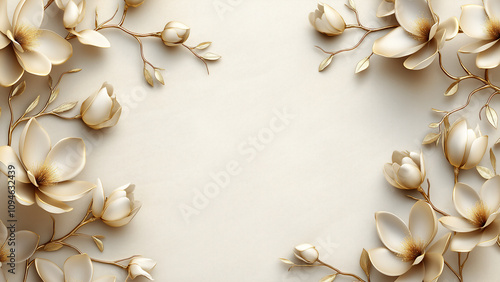 Fototapeta Naklejka Na Ścianę i Meble -  3D beige background with white magnolia flowers and golden branches along the edges, empty space in the center for text, an elegant and luxurious wallpaper design.