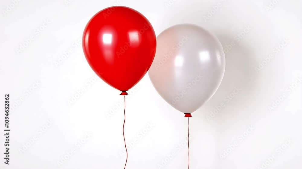 Red and white balloons softly sway side by side against a plain white background, creating a minimalist and cheerful scene Red and white balloons softly sway side by side against a plain white background, creating a minimalist and cheerful scene