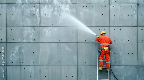 A worker in an orange uniform is cleaning and washing the facade of an industrial building with a water spray gun photo