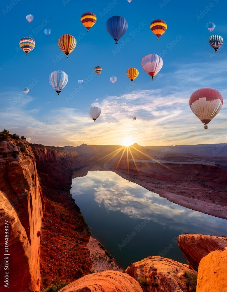 Naklejka premium Hot air balloons floating above a canyon during sunrise, vibrant skies, and reflections on water