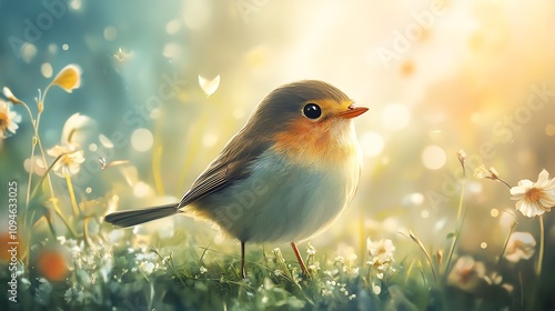 A Little Bird in a Sunlit Meadow. AI Generated photo