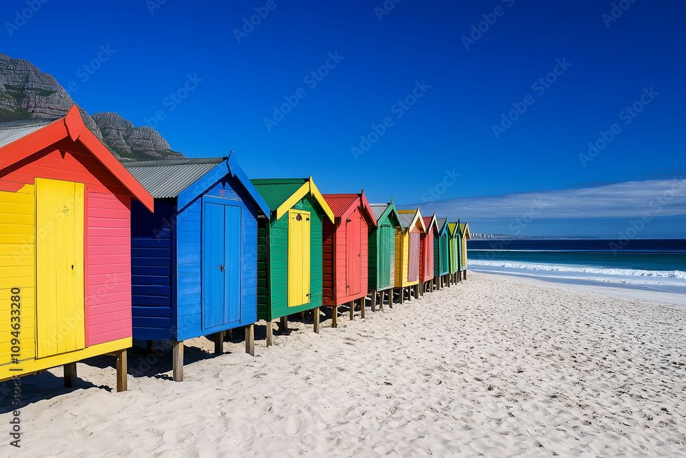 Row of colorful beach huts lined up along a sandy shore. Generative AI Row of colorful beach huts lined up along a sandy shore. Generative AI
