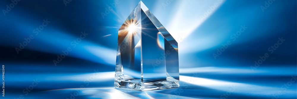Crystal Prism Refracts Light on Blue Background, Abstract 3D Render, Illuminating Design Crystal Prism Refracts Light on Blue Background, Abstract 3D Render, Illuminating Design