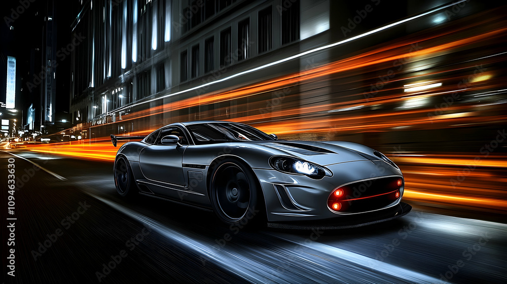 Fototapeta premium Sleek Sports Car Speeds Through City at Night, Blurred Lights Streaking Past, Dynamic Motion