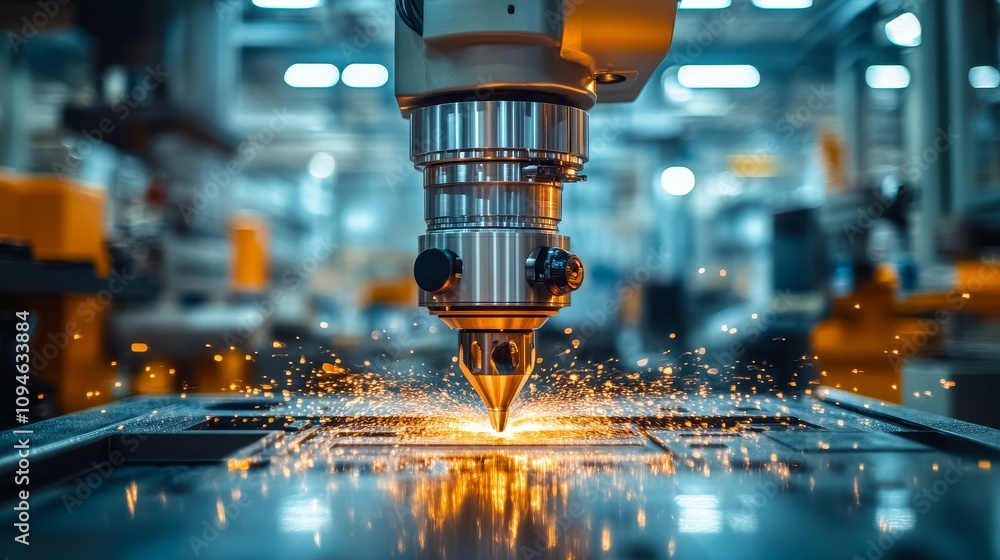 Close-up of an industrial robotic arm cutting metal with sparks Close-up of an industrial robotic arm cutting metal with sparks