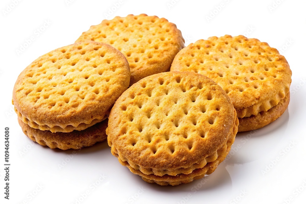 High-angle view of three Malkist biscuits against a plain white backdrop. High-angle view of three Malkist biscuits against a plain white backdrop.