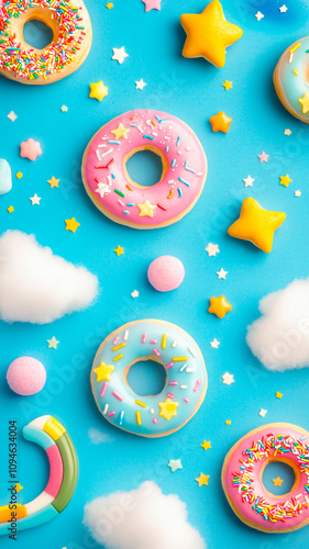 Colorful candy and doughnut pattern on a blue background with rainbows, stars, and clouds. This background would be suitable for a wallpaper or poster.  photo