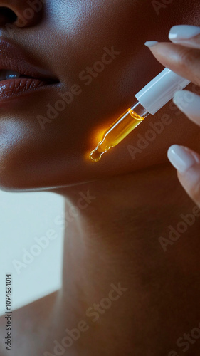 Close-up of a woman's hand applying a yellow serum to her neck. Close-up on the dropper and skin with a light background. Beautiful hands with long, elegant fingers and white nail polish. Soft dayligh photo