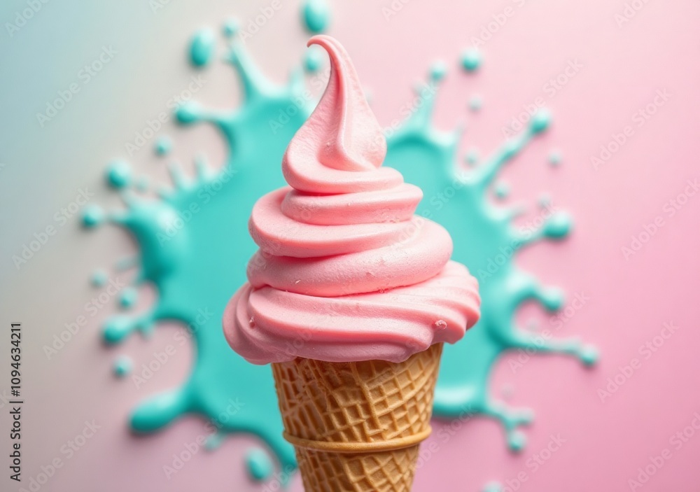Delicious pink swirl ice cream served in a waffle cone against a colorful splash backdrop Delicious pink swirl ice cream served in a waffle cone against a colorful splash backdrop